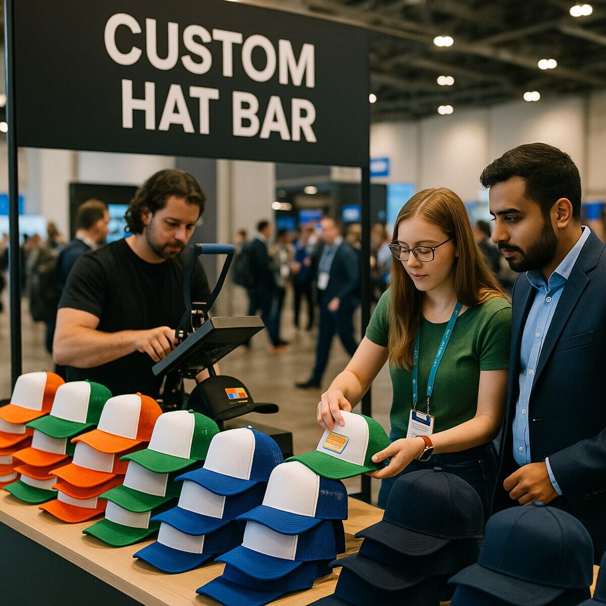 Styled wedding hat bar booth with rows of caps ready for guests to personalize